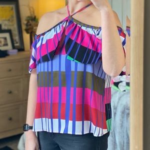 Express multicolored off the shoulder halter shirt